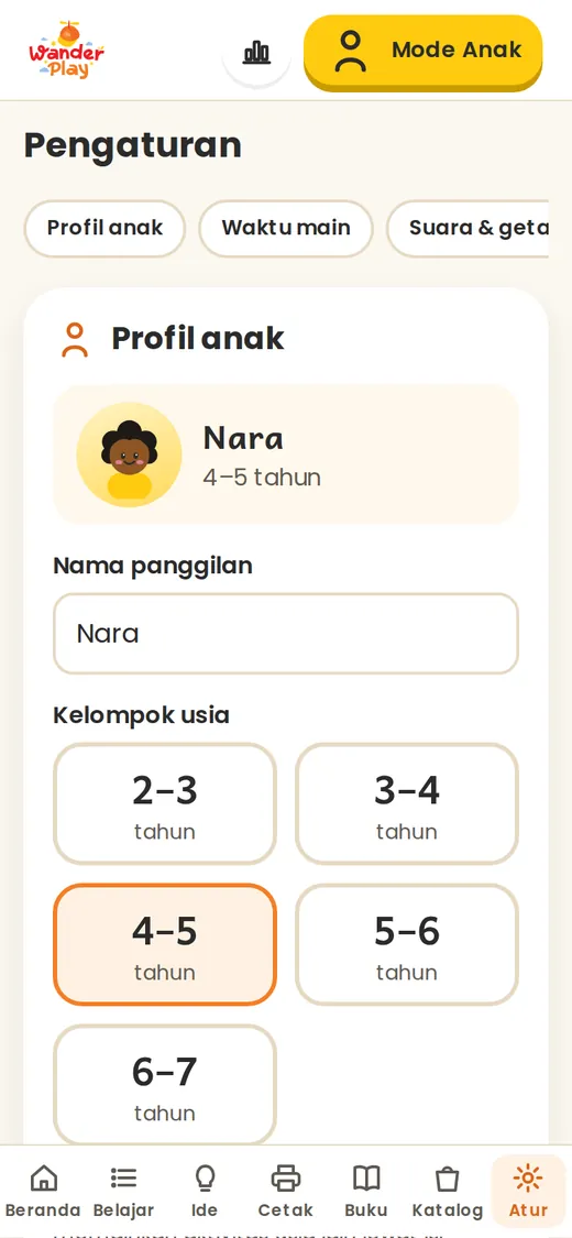 Halaman Pengaturan: profil dan usia anak